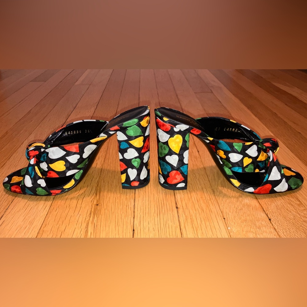 YSL Bianca Silk Multi Heart Mule Sandals